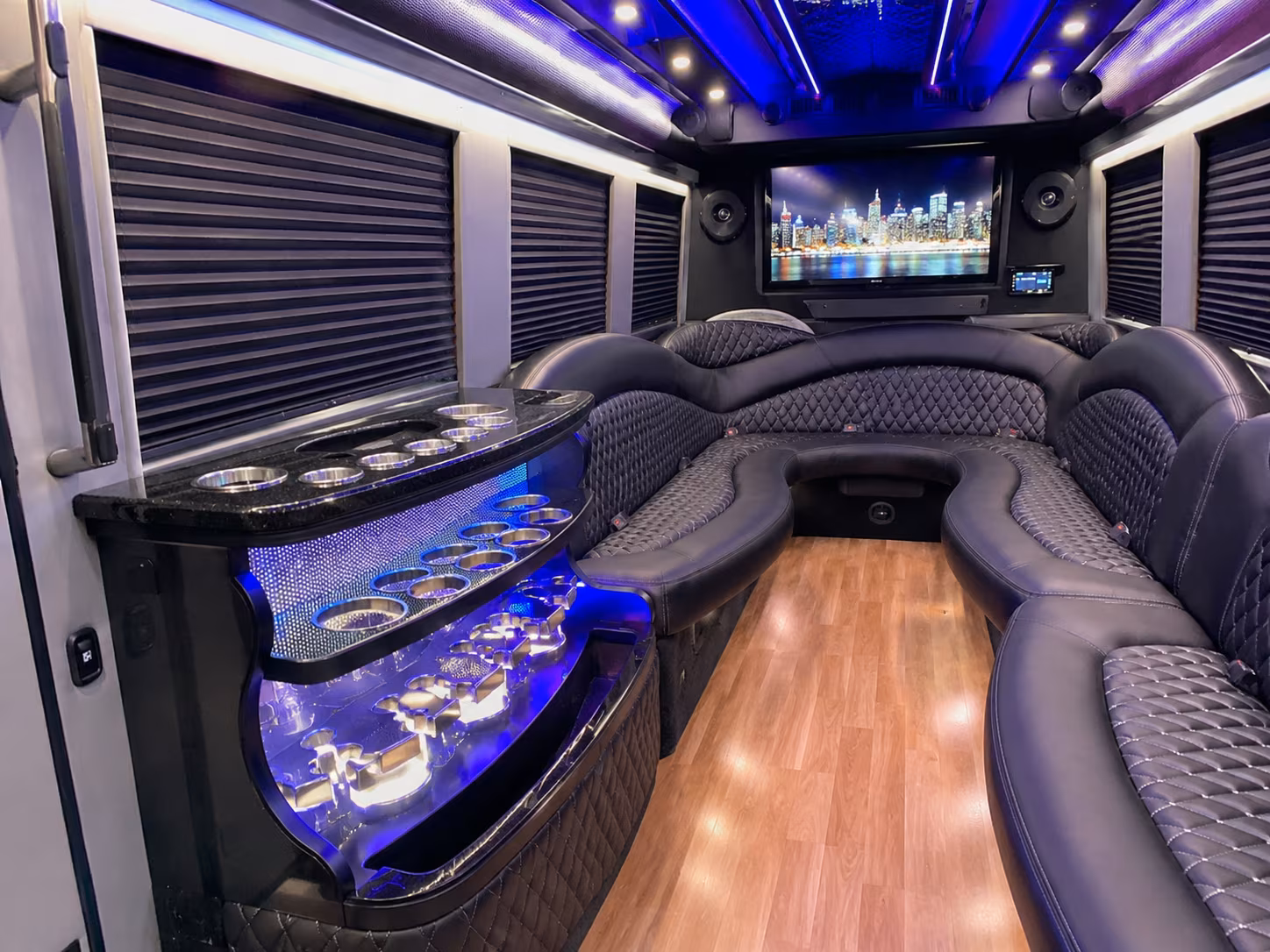 Interior of a party bus rental serving Dearborn